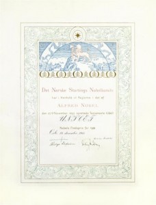 The official document commemorating the awarding of the 1965 Nobel Peace Prize to UNICEF "for the promotion of brotherhood among nations". The award was presented to UNICEF's second Executive Director Henry Labouisse on 10 December 1965. UNICEF became a co-recipient of the prize again with the awarding of the 2001 Nobel Peace Prize to the United Nations and Secretary-General Kofi Annan "for their work for a better organized and more peaceful world". The 1965 document was photographed in July 2005 at UNICEF House.