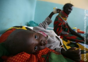 On 9 August, a child rests on a cot at a nutrition stabilization centre at the District Hospital in the town of Lodwar, capital of Turkana District, in Rift Valley Province. The global acute malnutrition rate in Turkana District is at 37.4 per cent, its highest ever. In this predominantly pastoralist region, many families are selling their livestock to buy increasingly expensive food. On 26 August 2011, the crisis in the Horn of Africa affecting primarily Kenya, Somalia, Ethiopia and Djibouti continues, with a worsening drought, rising food prices and ongoing conflict in Somalia. Some 12.4 million people are threatened by the regions worst drought in 60 years. Hundreds of thousands of children are at imminent risk of dying, and over a million more are threatened by malnutrition and disease. In Kenya, 1.7 million children have been affected by the drought, including 220,000 Somali refugee children in the north-eastern town of Dadaab. UNICEF, together with the Government, United Nations, NGO and community partners, is supporting a range of interventions and essential services, especially for the displaced and for refugees, including feeding programmes, immunization campaigns, health outreach, and access to safe water and to improve sanitation. A joint United Nations appeal for humanitarian assistance for the region requires US $2.4 billion, of which 58 per cent has been received to date. A majority of UNICEFs portion of the appeal has been funded.