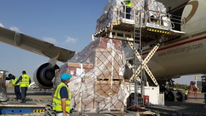 On 17 June 2014 in Iraq, (foreground) UNICEF Senior Supply/Logistics Assistant Kasim Muhamad supervises the loading of UNICEF emergency supplies onto an aeroplane at the airport in the northern-eastern city of Erbil in Kurdistan Region. The supplies, which include tents, blankets, hygiene and recreation kits, and education materials, are part of a shipment of 33 metric tons of emergency relief items earmarked for children and families displaced by violence and fighting that first erupted in the city of Mosul on 5 June. Up to 1 million people are currently estimated displaced, including about 500,000 Mosul residents  up to half of whom are children. UNICEF and partners are working to meet the rapidly rising needs of those affected by the worsening crisis. Immediate priorities include safe drinking water and adequate sanitation, as well as critical emergency immunization to prevent the spread of diseases such as polio, which has re-emerged in Iraq this year, and measles.