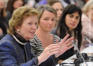 (Left) Former United Nations High Commissioner for Human Rights Mary Robinson speaks at the high-level discussion Ending Child Marriage, at UNHQ. Behind her (centre) is photojournalist Stephanie Sinclair, who has documented the issue of child marriage in many countries around the world.  On 11 October 2012 at United Nations Headquarters (UNHQ), a high-level discussion on Ending Child Marriage was held to review progress toward eliminating child marriage. Though girls are disproportionately affected, boys are also forced into child marriages. The practice disrupts childrens education, placing them at risk of multiple deprivations and increases their susceptibility to violence and abuse. The event was led by UNICEF in partnership with the United Nations Population Fund (UNFPA) and UN Women, and included an opening statement by UN Secretary-General Ban Ki-moon. It was also held in observance of the inaugural International Day of the Girl Child  to be held annually on 11 October  which recognizes the unique challenges faced by girls around the world (including early marriage) and the need for greater attention to achieving girls rights. Child marriage occurs in almost all geographic regions, though higher rates of the practice are found in South Asia, sub-Saharan Africa, Latin America and the Caribbean. UNICEF continues to work with all partners to raise the legal age of marriage in all countries to 18 years and to address other forms of gender discrimination. In addition to the UN Secretary-General, other participants in the event included Bangladesh State Minister for Women and Child Affairs Shirin Sharmin Chaudhury; South African Nobel Laureate and Chair of The Elders Archbishop Desmond Tutu; Nigerian youth activist Salamatou Aghali Issoufa, 22; UNFPA Executive Director Babatunde Osotimehin; UN Women Executive Director Michelle Bachelet; and UNICEF Deputy Executive Director Geeta Rao Gupta.