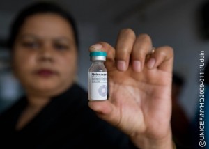 A health worker displays a vaccine against five common childhood illnesses  Hib, diphtheria, tetanus, pertussis and hepatitis B  at a storage facility in the south-western city of Khulna. Hib is a common cause of pneumonia and bacterial meningitis.  In January 2009 in Bangladesh, a national campaign to vaccinate children against Haemophilus influenzae type b (Hib) was launched in Khulna District. Hib is a common cause of pneumonia and bacterial meningitis, causing an estimated three million serious illnesses and 400,000 deaths around the world annually. The country-wide campaign aims to immunize four million children under the age of five by years end, saving the lives of at least 20,000 children. The vaccine will also protect against diphtheria, tetanus, pertussis and hepatitis B, reducing the number and frequency of injections each child will need to build immunity against these diseases. The campaign is sponsored by the World Health Organization (WHO), UNICEF, the GAVI Alliance and the Hib Initiative. The GAVI Alliance is a public-private partnership among developing and donor governments, the vaccine industry and others, which funds immunization programmes around the world. The Hib Initiative is a body of experts on Hib vaccination from the Johns Hopkins School of Public Health, the London School of Hygiene and Tropical Medicine, WHO and the United States Centers for Disease Control and Prevention. WHO, UNICEF, GAVI and the Hib Initiative are working to extend Hib vaccine coverage to 72 developing countries by 2015.