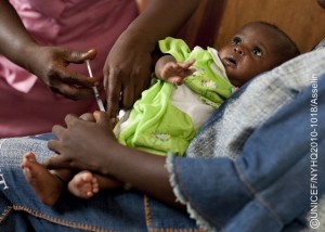 A baby girl receives a pentavalent vaccine at the Kaniya Peripheral Health Unit in the village of Kaniya, in Bo District. The pentavalent vaccine protects against five common diseases: diphtheria, tetanus, pertussis (whooping cough), hepatitis B and Haemophilus influenza type b (also called Hib, a cause of pneumonia and meningitis). [#2 IN SEQUENCE OF TWO] In April 2010 in Sierra Leone, child and maternal mortality rates remain among the highest in the world. Nearly one out of every five children dies before the age of five, and a womans lifetime risk of maternal death is one in eight. Many health clinics lack ambulances, electricity, skilled personnel, and essential supplies, and many people simply cannot afford basic health services. Maternity services are particularly poor, with only 43 per cent of women giving birth in the presence of a skilled birth attendant, such as a doctor, nurse or midwife. The high prevalence of malnutrition, malaria, acute respiratory infections, preventable diseases, poverty and gender inequality also contribute to the high rates of death and illness among children and mothers. On 27 April, the Government inaugurated a programme that abolishes fees for primary health services to pregnant and lactating mothers and children under the age of five. Support for this programme comes from UNICEF, the United Nations Population Fund (UNFPA), the World Health Organization (WHO), the World Bank, the African Development Bank, the European Union, Irish Aid and other partners. UNICEF is building clinics, supporting ambulance services, and providing essential drugs and supplies for obstetric care. UNICEF also supports preventative and curative health programmes, including vaccination campaigns, the distribution of insecticide-treated mosquito nets, the practice of exclusive breastfeeding and the promotion of hand-washing.