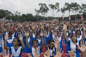 Children from a various schools show their clean hands after washing them with soap at the Dhaka Residential Model School and College field, Dhaka, Bangladesh on the occasion of Global Hand Washing Day 2010, on 20 October 2010.More than fifty thousand students gathered at the Residential Model School and College and pledged to wash their hands with soap. By making the pledge, children are making a promise to themselves and their communities to always practice good hygiene and help to reduce the occurrence of diarrheal diseases. The children demonstrated hand washing with soap along with dignitaries including the State Minister of the Local Government Division, Jahangir Kabir Nanok, UNICEF Representative, Carel de Rooy, and other partners.  According to a report by UNICEF and WHO , Bangladesh is among the 10 countries in the world that report the largest number of child deaths due to diarrhea. A total of 50,800 children under the age of five years die every year in Bangladesh from diarrheal diseases. The death toll worldwide is 3.5 million. Research shows that washing hands with soap is a highly cost-effective health practice that can reduce the incidence of diarrheal disease by over 40 per cent. But, despite its life-saving potential, effective handwashing is seldom practiced as many people do not use soap and only wash one hand. Global Handwashing Day was launched in 2008 as a public-private partnership with Unilever, UNICEF and Governments as key players. The partnership is now endorsed by 13 international and national organizations. Although the world celeated the day on the 15th of October, Bangladesh is observing it on the 20th since the 15th was a public holiday.
