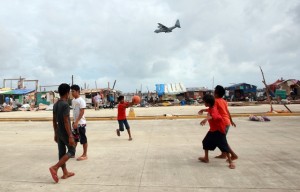 Children play basketball in the typhoon-hit town of Guiuan, Eastern Samar, Philippines.