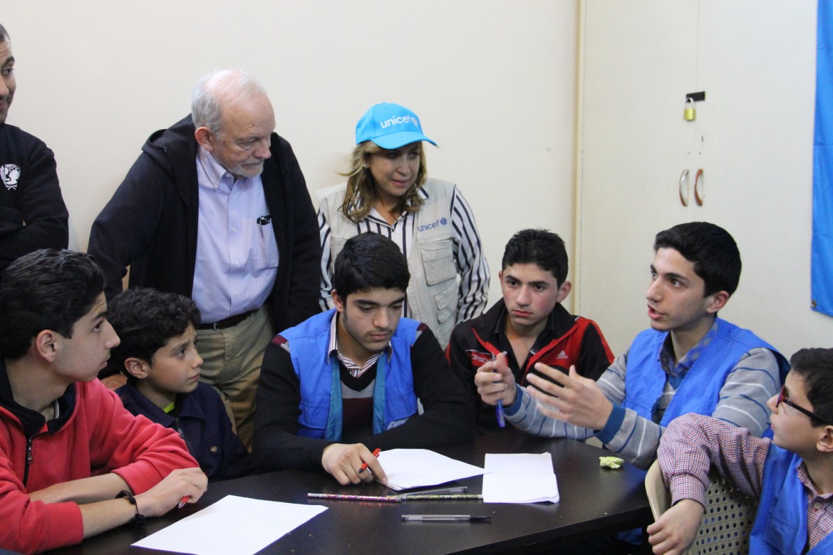 On 29 February 2016, UNICEF Executive Director Lake and UNICEF Representative in Syria Hanaa Singer visited adolescents at a UNICEF-supported centre for adolescent development in the Old Homs neighbourhood of Homs Governorate.  At this centre, youth from the host community and internally displaced families come together to learn computer skills, life skills and plan community-led initiatives aimed at raising awareness on many issues such as tolerance and inclusion.

Statement by UNICEF Executive Director Anthony Lake following his visit to Syria: I complete this visit to Syria, together with Dr. Peter Salama, UNICEF Regional Director, on the eve of the fifth anniversary of this war.  My previous trip came on the eve of the third anniversary, two years of suffering ago.  Now, the cessation of hostilities offers the Syrian people the possibility of peace. 

Everywhere I have visited - in Damascus, Homs, Hama and Al-Salameya - people spoke of hope. Hope that there will be peace, hope that peace can be found in more than a diplomatic piece of paper, hope that peace will return in their daily lives. The children I met in their classrooms spoke of their hopes for their futures - as doctors, engineers, teachers.

As I crossed the lines into the encircled neighbourhood of Al Wa'er, I saw things that I had not seen two years ago - shops open for business, people walking freely, children learning in classrooms above ground instead of huddling in basements for fear of snipers. Even in the shattered old city of Homs, people displaced by the fighting are returning.