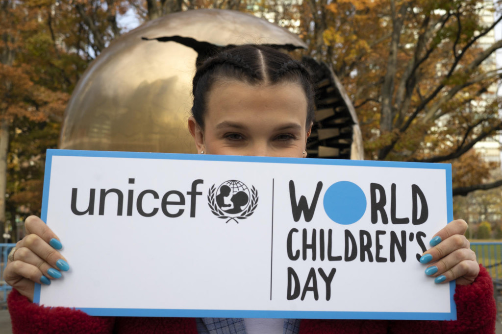 On 19 November 2018 at the United Nations Headquarters, UNICEF supporter Millie Bobby Brown with World Children’s Day branding.